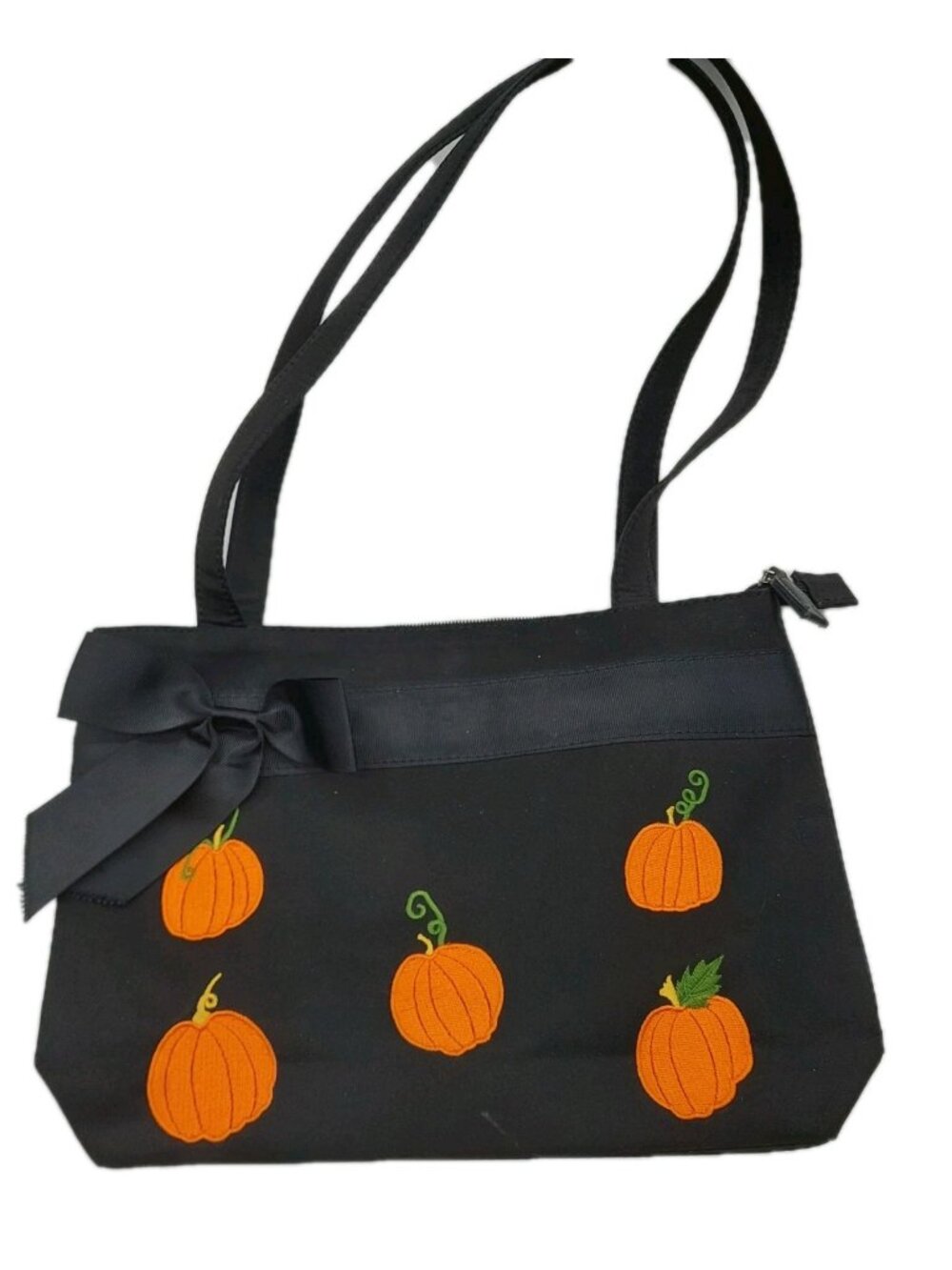 Black Hangbag Embroidered Orange Pumpkins Black Bow Shoulder Purse